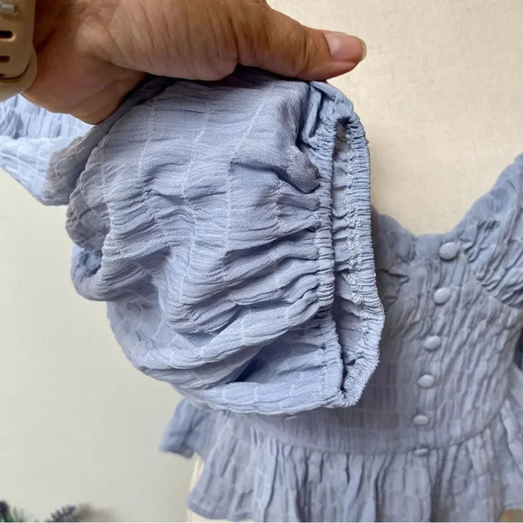 Lush Maria Smocked Peplum Blouse Blue Long Sleeve Size Medium - Picture 6 of 15